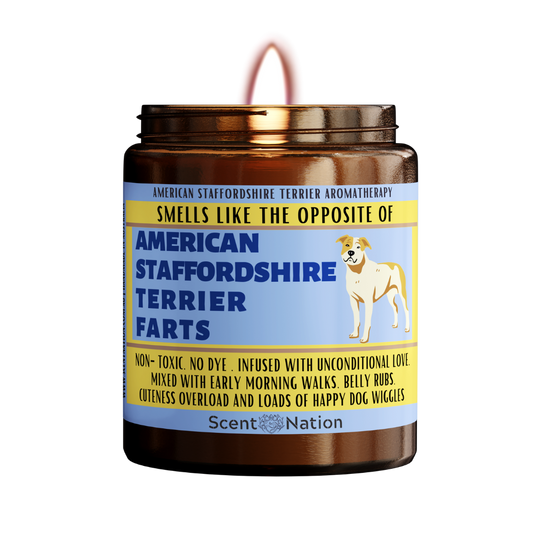 An American Staffy Staffordshire puppy sitting on a candle labeled "Smells like the opposite of an American staffy fart". The candle is made in Australia and is a great gift for staffy lovers, new Staffy dog owners, or anyone who appreciates a dog candle that doubles as a fart extinguisher. This funny and unique dog gift is perfect for gag gifts, dog lovers, Staffy pet owners, dog trainers, and dog groomers. It is also a great birthday gift for your furry friend.