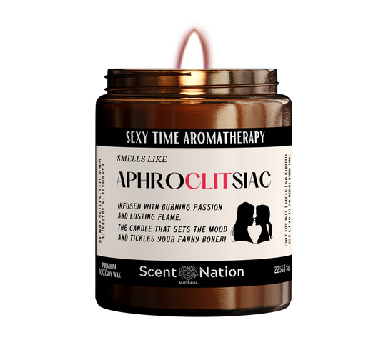 Cheeky soy candle titled 'Smells Like Aphroclitsiac,' perfect for date nights and intimate gatherings."