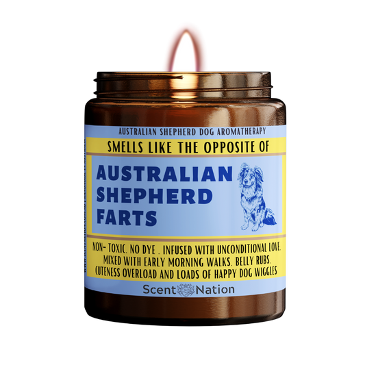 An Australian Shepherd puppy sitting on a candle labeled "Smells like the opposite of an Australian Shepherd fart". The candle is made in Australia and is a great gift for Australian Shepherd lovers, new Australian Shepherd owners, or anyone who appreciates a dog candle that doubles as a fart extinguisher. This funny and unique dog gift is perfect for gag gifts, dog lovers, Australian Shepherd owners, dog trainers, and dog groomers. It is also a great birthday gift for your furry friend.