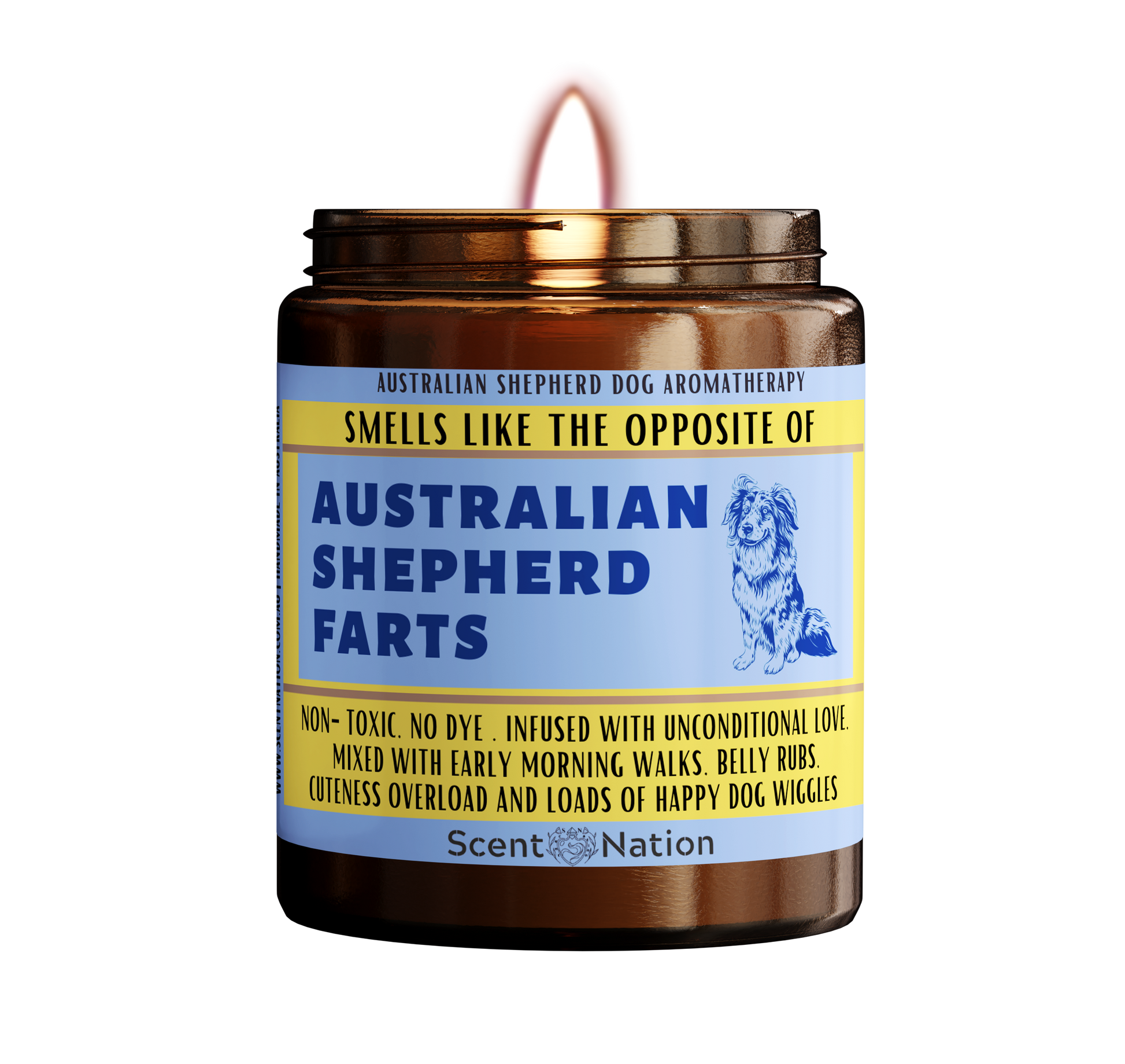 An Australian Shepherd dog puppy on a candle labeled "Smells like the opposite of an Australian Shepherd farts". The candle is made in Australia and is a great gift for Australian Shepherd lovers, new Australian Shepherd owners, or anyone who appreciates a dog candle that doubles as a fart extinguisher..