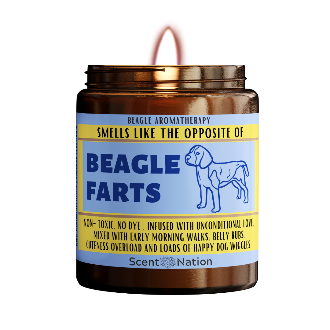 A Beagle puppy sitting on a candle labeled "Smells like the opposite of Beagle  fart". The candle is made in Australia and is a great gift for Beagle  lovers, new Beagle  owners, or anyone who appreciates a dog candle that doubles as a fart extinguisher. This funny and unique dog gift is perfect for gag gifts, dog lovers, Beagle  owners, dog trainers, and dog groomers. It is also a great birthday gift for your furry friend.