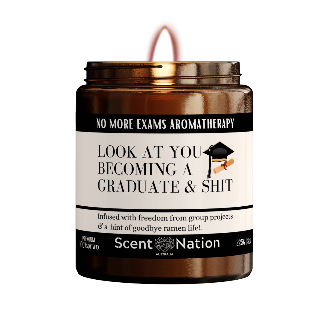 Close-up of candle label-graduation gift