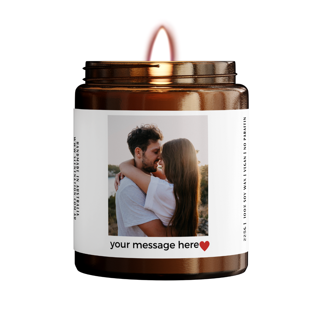 Close-up of candle label-personalised candle with photo Made in Australia