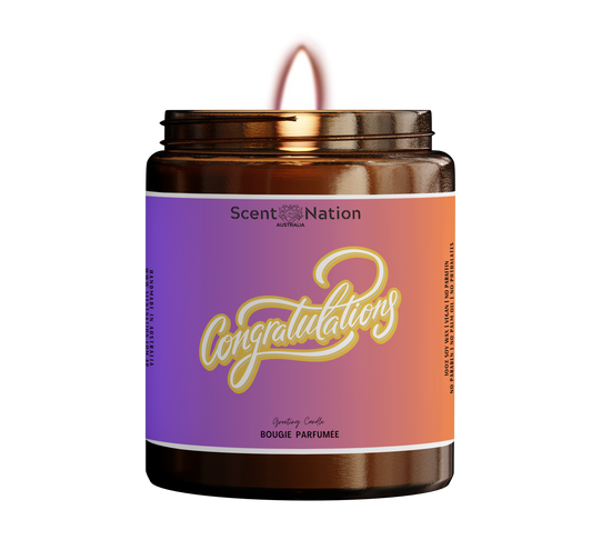 Aromatic soy candle featuring a cheerful 'Congratulations' message, ideal for gifts.