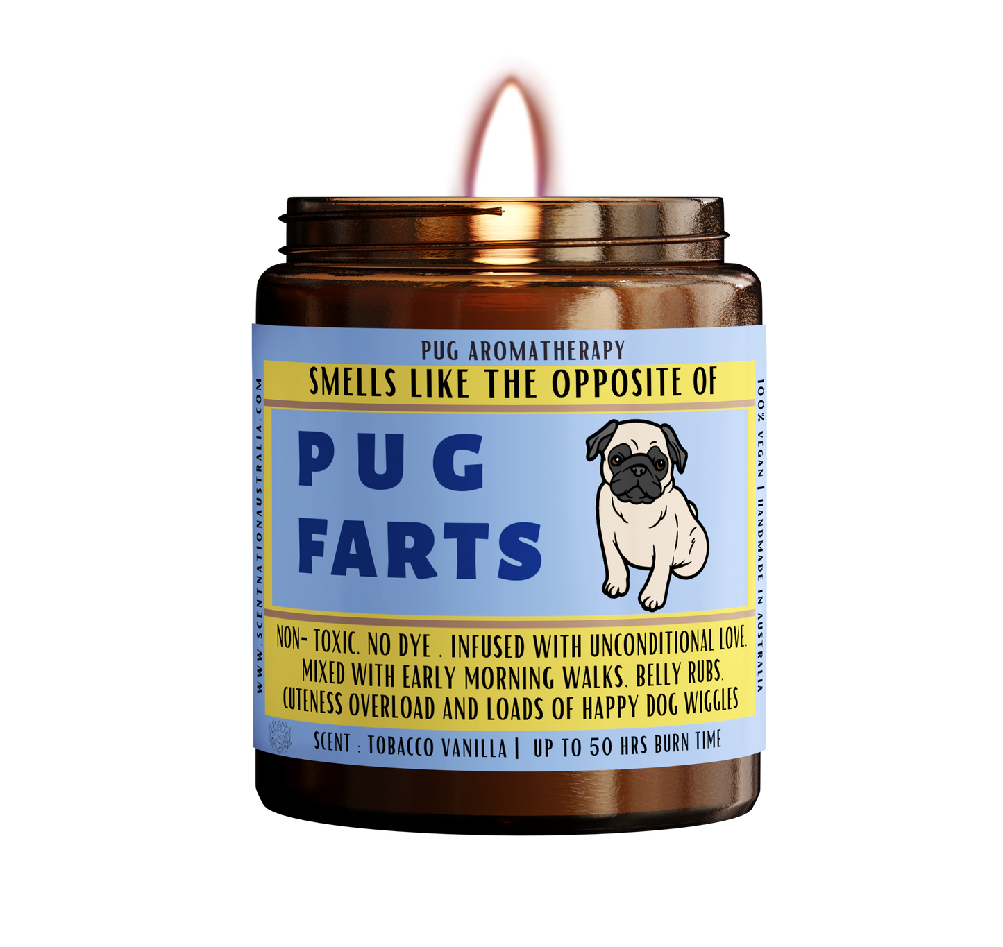 A pug puppy on a candle labeled "Smells like the opposite of a pug fart". The candle is made in Australia and is a great gift for pug lovers, new pug owners, or anyone who appreciates a dog candle that doubles as a fart extinguisher..