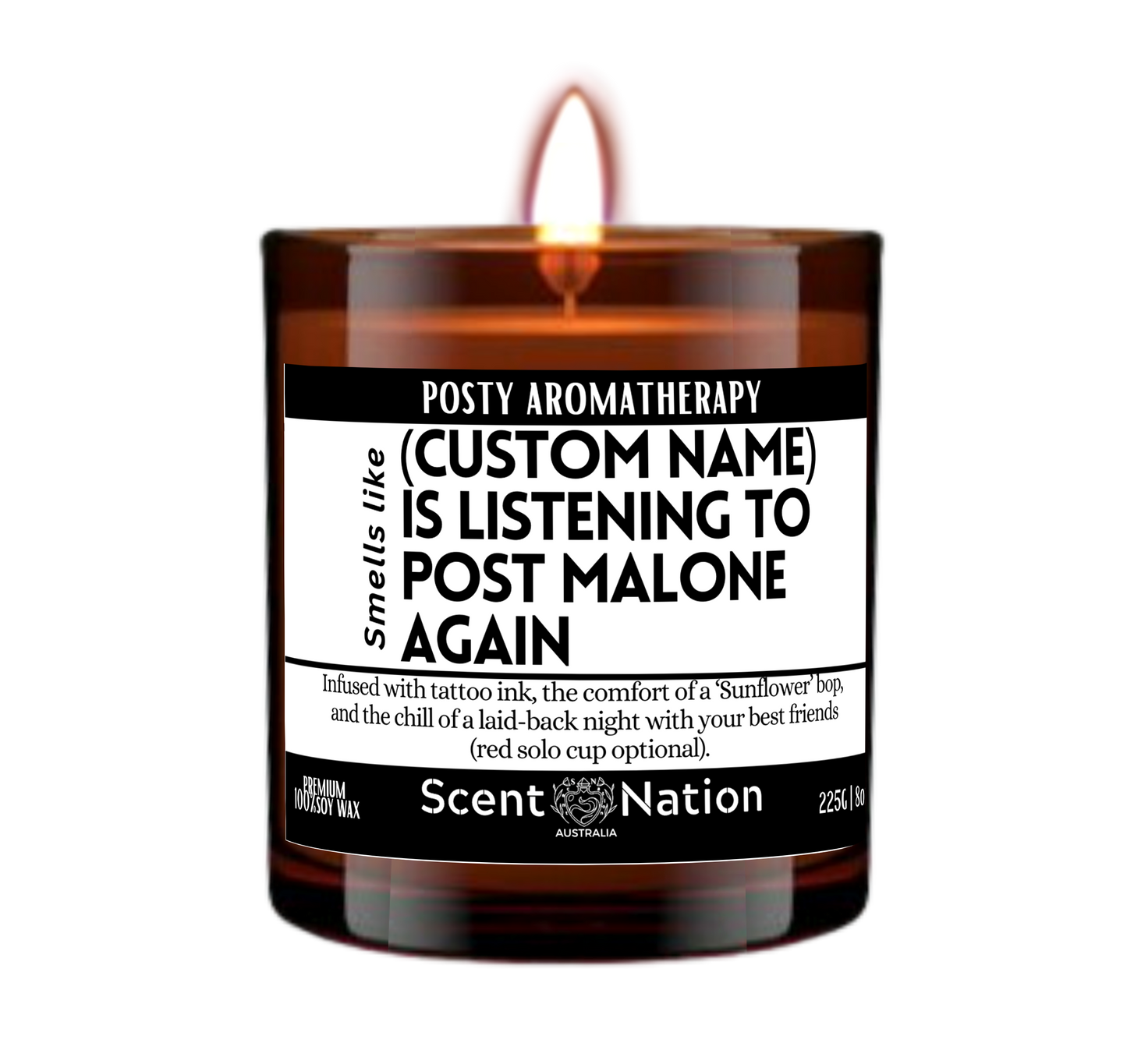 Aromatic soy candle celebrating Post Malone, perfect for fans and music lovers.