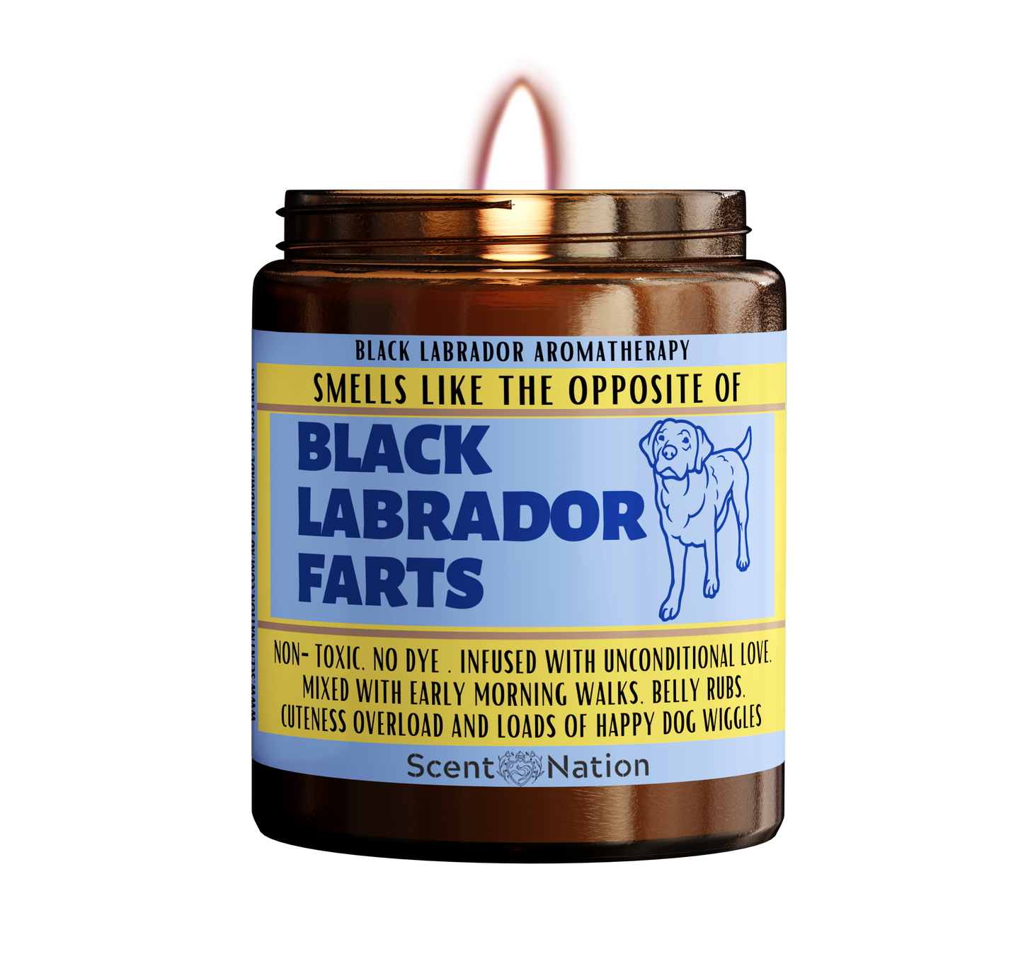 A Black labrador puppy on a candle labeled "Smells like the opposite of a black labrador fart". The candle is made in Australia and is a great gift for black labrador lovers, new black labrador owners, or anyone who appreciates a dog candle that doubles as a fart extinguisher..